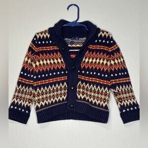 Janie & Jack Shawl Collar Navy Blue Fair Isle Cardigan Sweater 2T